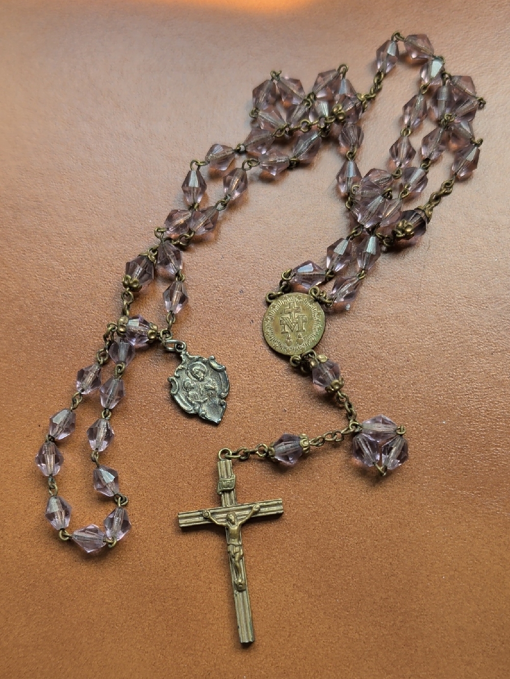 Antique Pink Crystal Rosary  with Brass Crucifix
